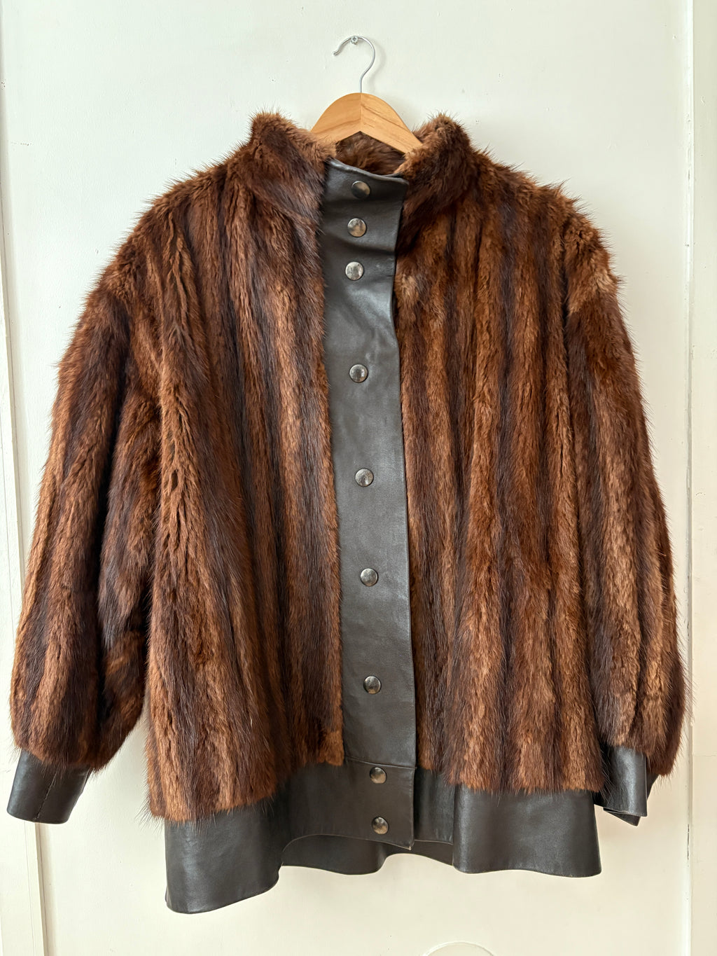 Manteau vintage cuir et vison unisexe