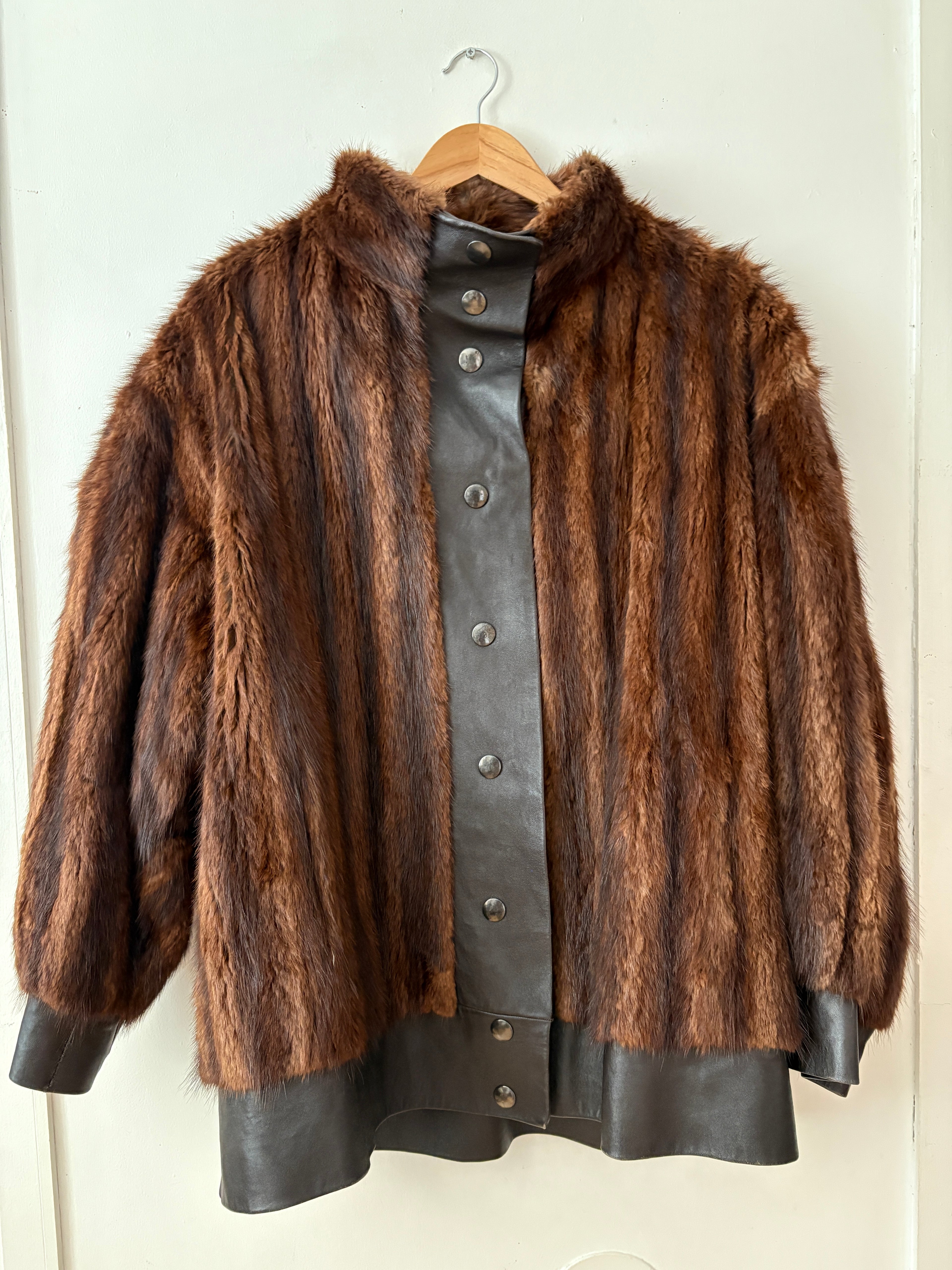 Manteau vintage cuir et vison unisexe
